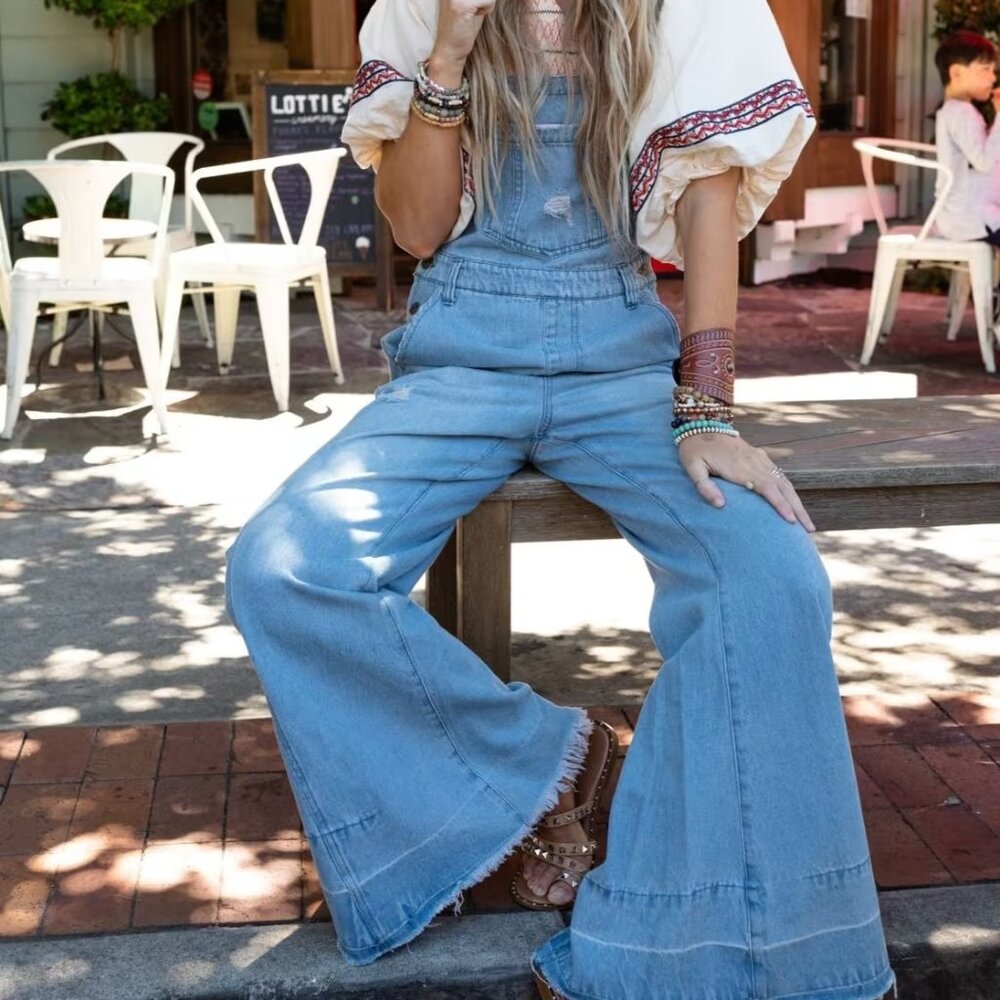 Boho Distressed Hem Bell bottom Flare Overalls - Brand new!